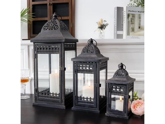 JHY DESIGN Decorative Lanterns-10inch High Vintage Style Hanging Lantern,  Metal Candleholder for Indoor Outdoor, Events, Parities and Weddings(Black  with Gold Brush) 