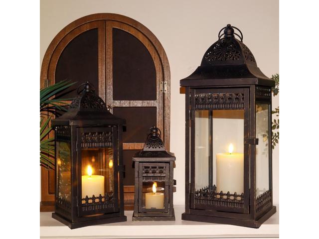 JHY DESIGN Decorative Lanterns-10inch High Vintage Style Hanging Lantern,  Metal Candleholder for Indoor Outdoor, Events, Parities and Weddings(Black  with Gold Brush) 