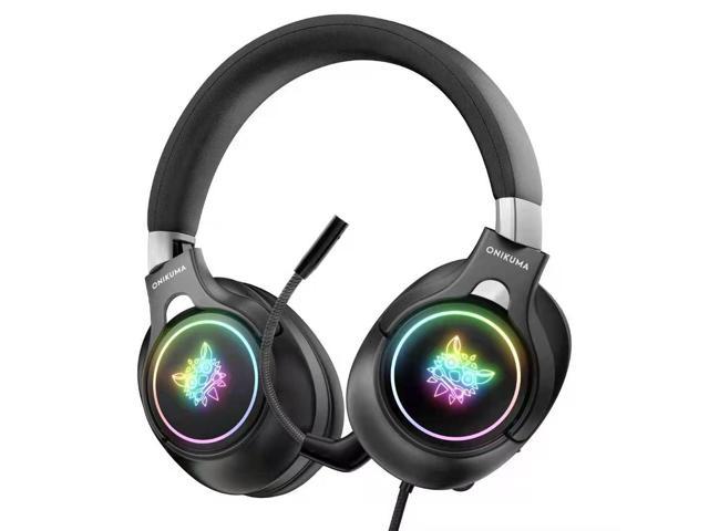 Onikuma Foldable Gaming Headset Compatible with PS5 PS4 PC Mobile Phone Tablet Xbox One(Adapter Not Included), with Detachable Noise Canceling Mic, Surround Sound, RGB Light, 3.5mm & USB C Plug