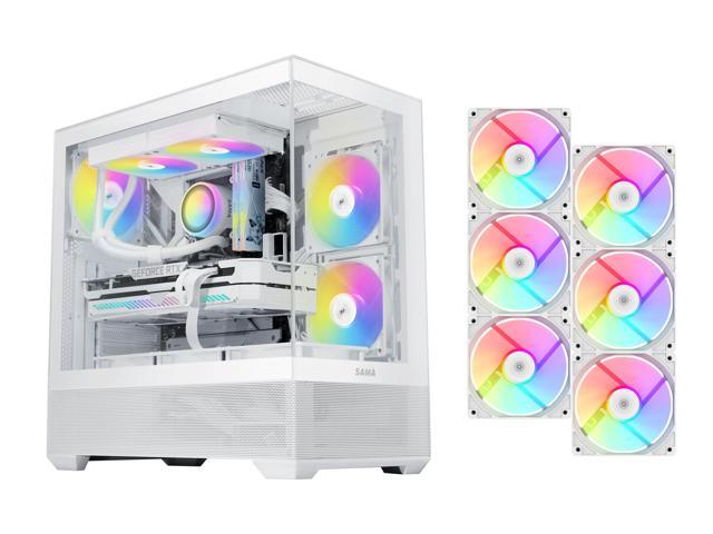 SAMA V40 White ATX Mid Tower PC Case, 6 Pre-Installed 120mm ARGB PWM Fans, Dual Tempered Glass Panels, Vertical Airflow Design, Gaming Computer Case for ATX/Micro-ATX/ITX Motherboard