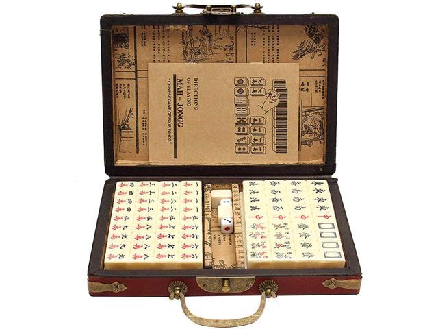 144 Pieces Of Portable Traveling Mahjong With Antique Portable Leather Box Chinese-style Puzzle Game, Suitable For Party And Festival Activities (English Manual)