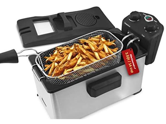 elite gourmet edf-3500 electric immersion deep fryer. removable basket, timer control adjustable temperature, lid with viewing window and odor free filter,stainless steel,3.5 quart / 14 cup