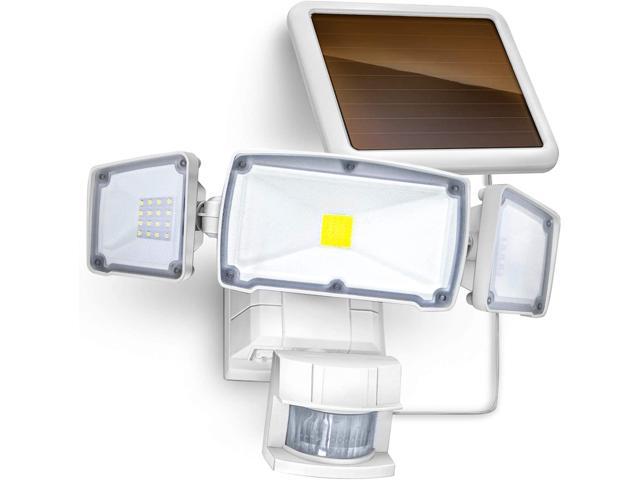Home Zone Security Motion Sensor Outdoor Light - Solar Outdoor Weatherproof Triple Head Security Flood Light, White