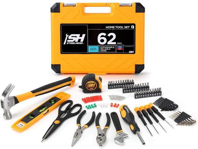STEELHEAD 62-Piece Tool Set, Screwdriver Handle, 33 Bits, Pliers, Tape Measure, 9” Torpedo Level, Hammer, Scissors, Wrench, Heavy-Duty Reinforced Case, Great for Home, Office, Dorm, USA-Based Support