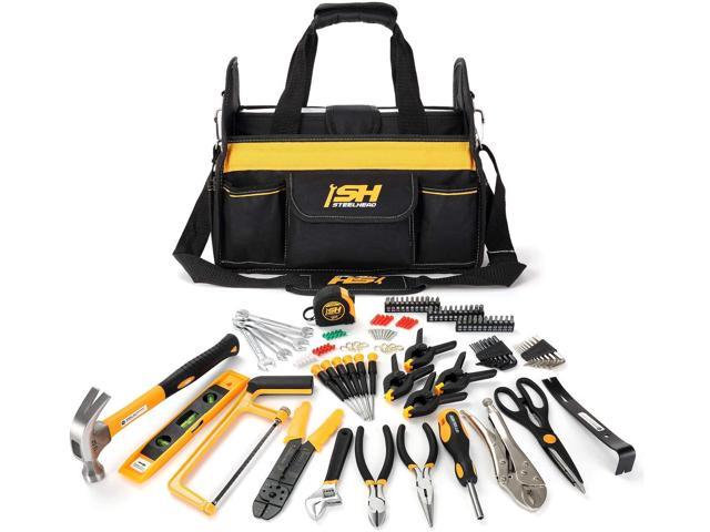 STEELHEAD 117-Piece Tool Set, Screwdriver Handle, 33 Bits, Screwdrivers, Pliers, Tape Measure, 9” Level, Hammer, Prybar, Wrenches, Scissors, Saw, Clamps, 14” Tool Tote, Home, Office, USA-Based Support