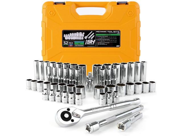 STEELHEAD 52-Piece Mechanics Tool & Socket Set (ANSI Grade), SAE & Metric, 3/8 72-Tooth Quick-Release Ratchet, Standard & Deep 6 & 12 Pt. Sockets, Universal Joint & Extensions, Heavy-Duty Case