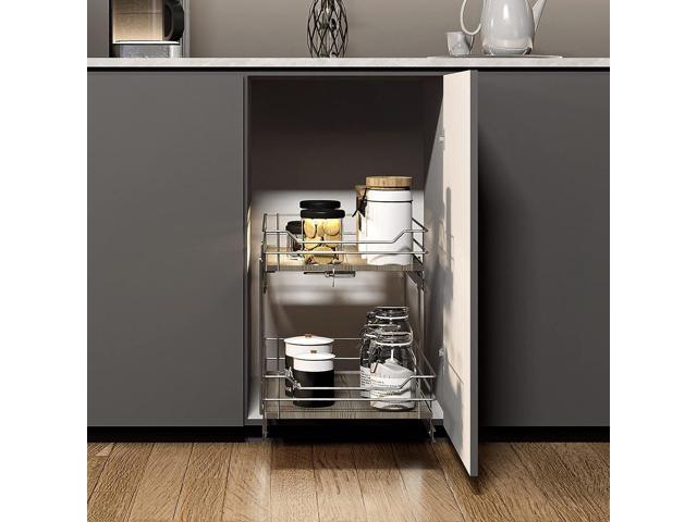 Home Zone Living Pull Out Kitchen Cabinet Organizer with 2 Tiers of Storage for Easy Access, 15W x 20D, Matte Black with Dark Brown, Virtuoso.