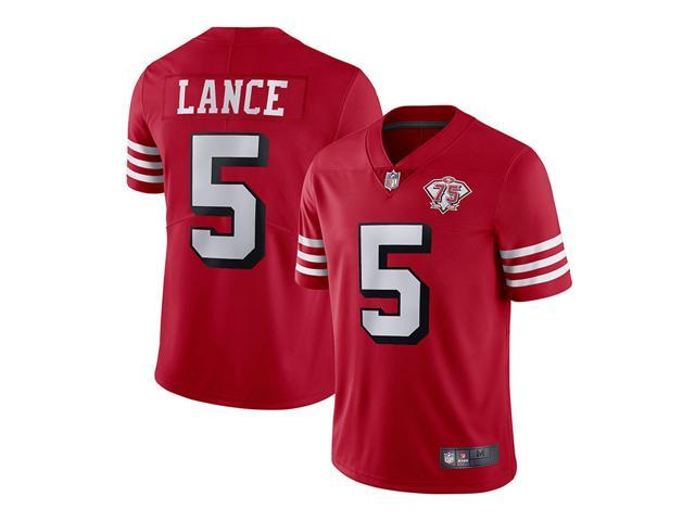 Men's San Francisco 49ers #5 Trey Lance 2021 75th Anniversary Red Throwback  NFL Stitched Jersey
