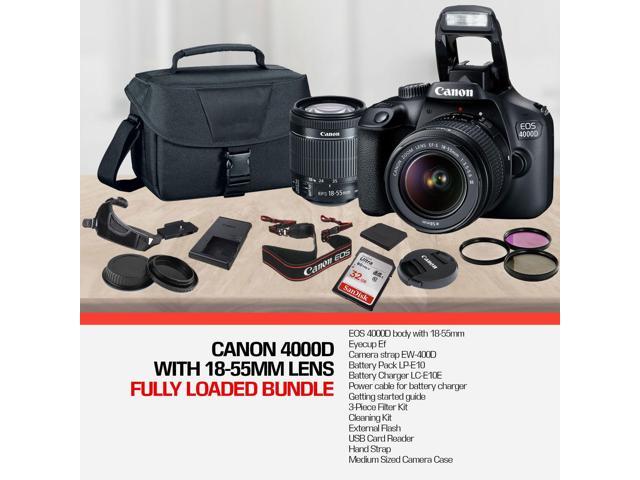 Canon EOS 4000D DSLR Camera and 18-55 mm f/3.5-5.6 III Lens + 64GB Memory Card + Camera Bag + Cleaning Kit + Table Tripod + Flash + Filters + Battery Camera Strap DSLR Cameras - Newegg.com