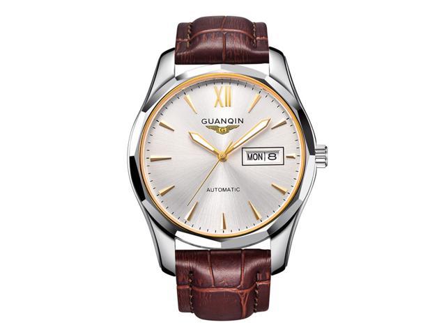 GUANQIN Men's Luminous Day Date Watches Analogue Japan Movement Automatic Self Winding Mechanical Tungsten Steel Wrist Watch Gold White Brown