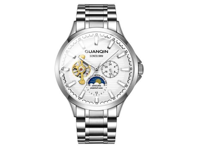 Guanqin Men Analog Automatic Self Winding Mechanical Wrist Watch Stainless Steel Moon Phase Luminous Pointer White/Silver