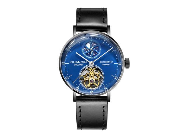 Guanqin Men Analog Automatic Self Winding Mechanical Skeleton Wrist Watch with Leather Band and Moon Phase Blue/Black