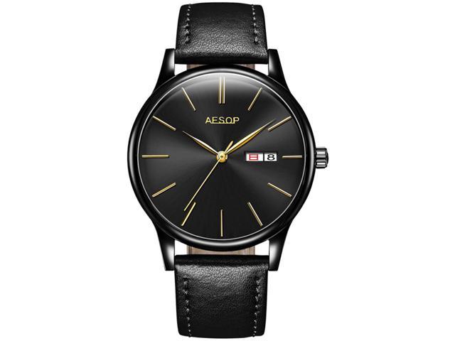 AESOP Men Calendar Analog Automatic Self Winding Mechanical Wrist Watch with Steel Leather Band Black/Black