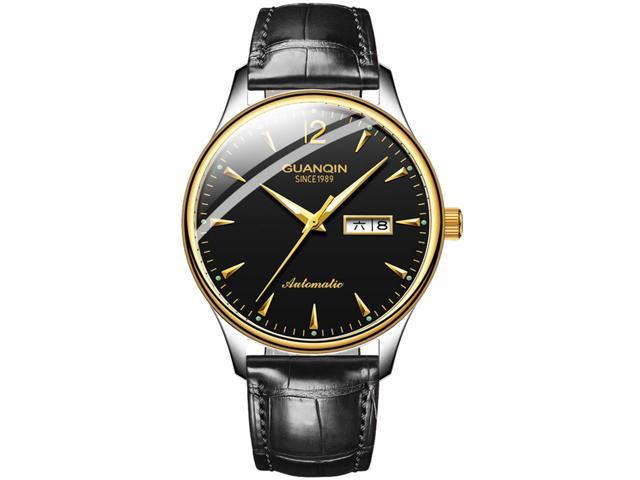 GUANQIN Men Analog Fashion Business Automatic Self-Winding Mechanical Stainless Steel/Leather Band Wrist Watch Date Luminous Gold Black