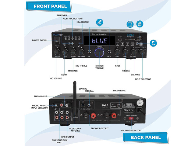 Pyle PDA4BU 200W Bluetooth Digital Amplifier – 4-Channel Home Audio Receiver, AM/FM Tuner, Karaoke, USB/AUX/RCA, MPN PDA4BU