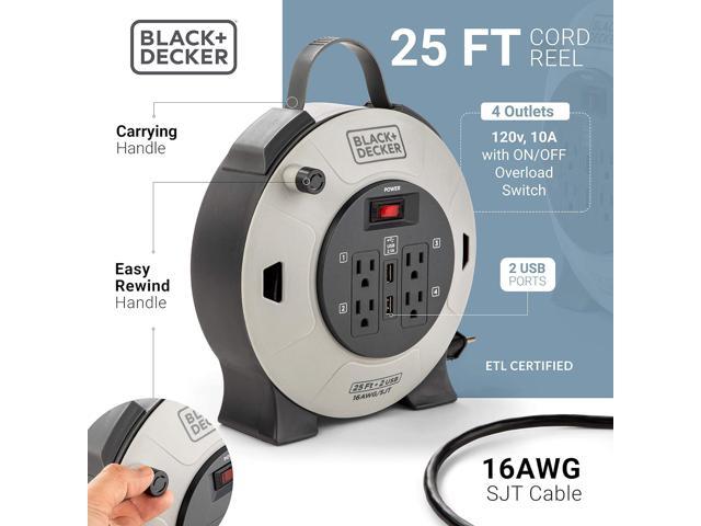 Black + Decker 20' Retractable Extension Cord Reel With 4 Outlets, 2 USB  Ports and Multi-Plug Extension