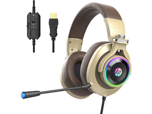 HP USB PC Gaming Headset Microphone. 7.1 Surround Sound, RGB LED Lighting, Noise Isolating Ear Game Headphones with Detachable Mic for PC, Mac, PS4, Laptop - Gold Gaming Headsets Newegg.com