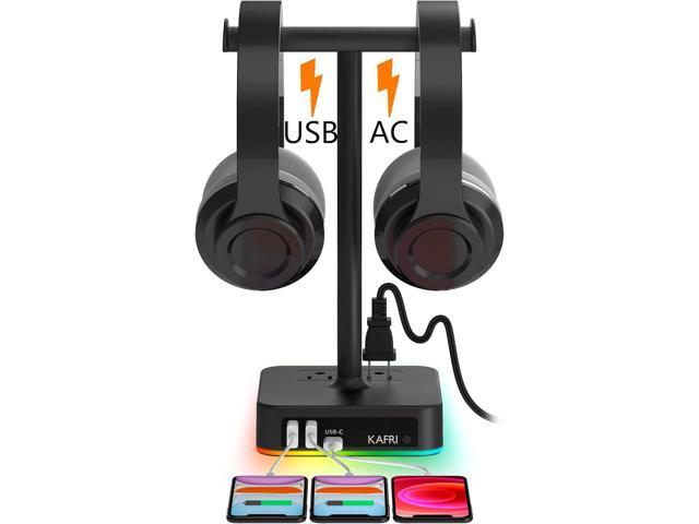 RGB Dual Headphone Stand with C Charger KAFRI Desk Gaming Double Headset Holder Hanger Rack with 3 USB Charging and 2 Outlet - Suitable for Gamer Desktop Table Game Earphone