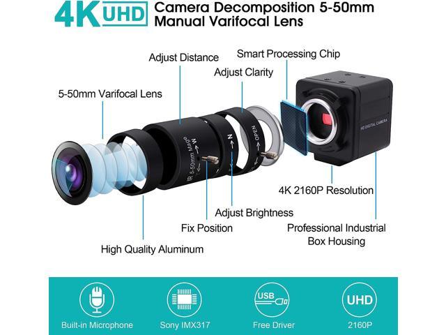 ALPCAM 4K Ultra HD Webcam with 5-50mm Varifocal Lens,USB Camera  3840×2160@30fps,Optical USB Web Camera Sony IMX317 Sensor Camera,Manual  Zoom 