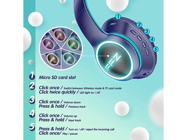 FFZ K21 Wireless Kids Headphones, Colorful LED Lights Blue Tooth-V5.0 Headphones Built-in Microphone, Foldable Headset and Soft Earpads, for School/Car/Airplane/Ipad(Navy Blue)