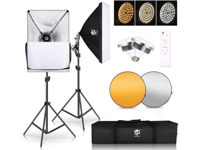 SH Softbox Lighting Kit Photography Lighting System with 3200K-5600K Adjustable Remote Control LED Light Bulbs for Photography Produact Shooting ect. Live Stream Photo Portraits 