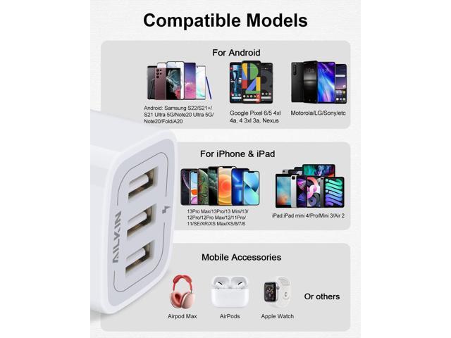 AILKIN 3.1A 3-Port Powerful Universal Home Travel USB Fast Charging Adapter Plug for iPhone 13 12 Pro Max/11/SE/XS/X/8/7/Plus Motorola LG HTC USB Charger Adapter Kindle Samsung Galaxy S21 