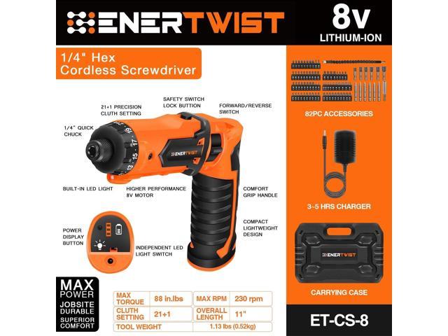 ENERTWIST Cordless Screwdriver, 8V Max 10Nm Electric Screwdriver  Rechargeable Set with 82 Accessory Kit and Charger in Carrying Case, 21+1  Cluth, Dual