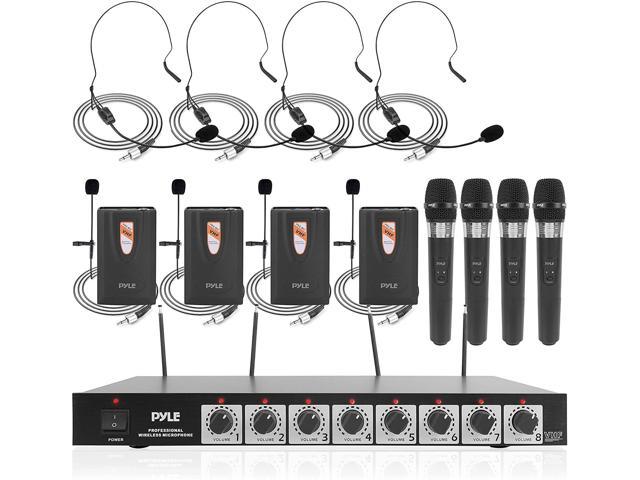 Photo 1 of 8 Channel Wireless Microphone System - Professional VHF Audio Mic Set with 1/4", XLR Jack - 4 Headset, 4 Clip Lavalier, 4 Handheld Mic, 4 Transmitter, Receiver - for Karaoke PA, DJ - Pyle PDWM8700
