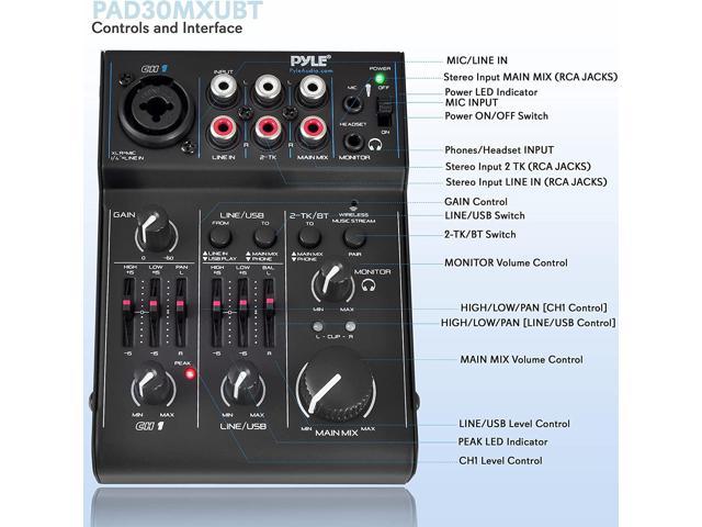  Pyle 5 Channel Audio Mixer - DJ Sound Controller Interface with  USB Soundcard for PC Recording, XLR 3.5mm Microphone Jack, 18V Power, RCA  Input and Output for Professional and Beginners -PAD20MXU 