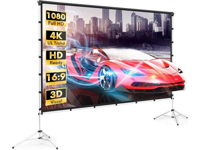 Projector Screen and Stand 120 inch Outdoor Projector Screen with Stand Upgraded PVC 3 Layers with Black Backing 4K HD 16:9 Projection Screen Portable Front Movie Screen for Home Theater Backyard 