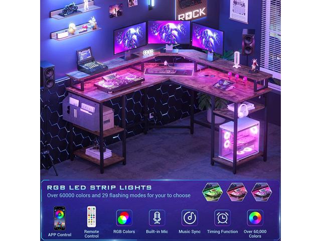 S*MAX Gaming Desk with LED Lights Real RGB Leg Led Gaming Desk Wireless  Charging & USB Pad Carbon Fiber Finish Large Z Shaped Gaming Table 47 Inch  Cup
