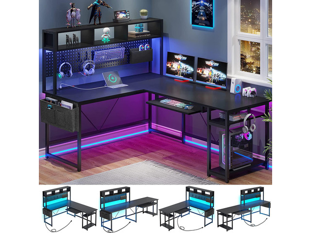 L Shaped Gaming Desk, Reversible Computer Desk with Power Outlet and Pegboard, Gaming Desk with Led Lights, Keyboard Tray and Storage Bag for Home Office, Black