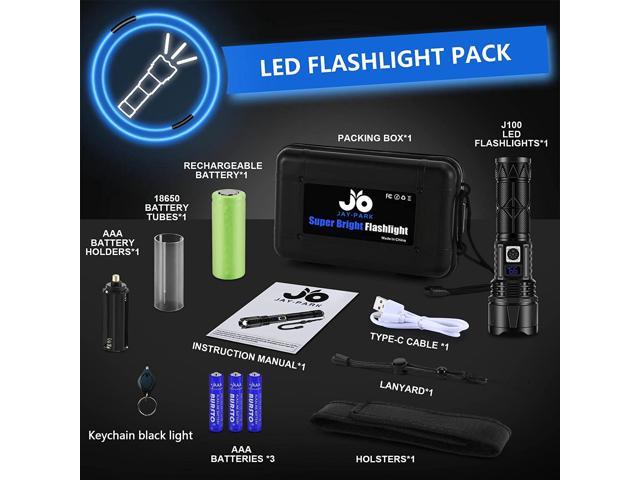 JAY-PARK Flashlights High Lumens Rechargeable, Super Bright High Power LED Tactical Flashlight 100000 Lumen, Powerful Zoomable Handheld USB Flash Ligh