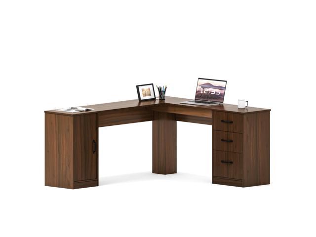 Furmax L Shaped Desk Corner Office Desk Computer Desk with Storage Cabinet & Drawers, Espresso Brown