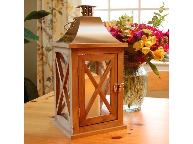 Wooden Led Lantern With Copper Roof And Battery Operated Candle