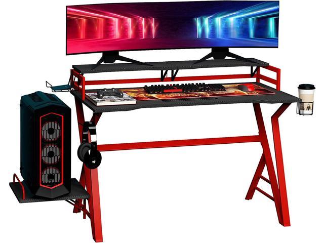47 inch Gaming Desk, Computer Table Workstation with Monitor Stand, Cup Holder, Headphone Hook & CPU Stand for Home Office, Black & Red