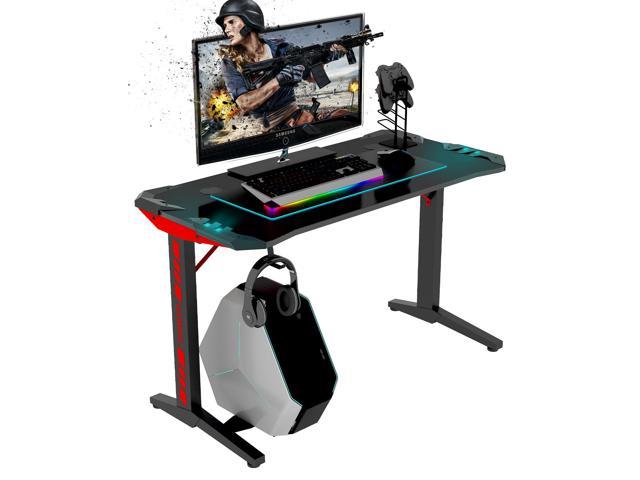 QXDRAGON Gaming Desks 47" Gaming Table T Shaped PC Computer Desk Ergonomic Computer Table for Home Office with Gamepad Stands, Hook, Cable Shelf