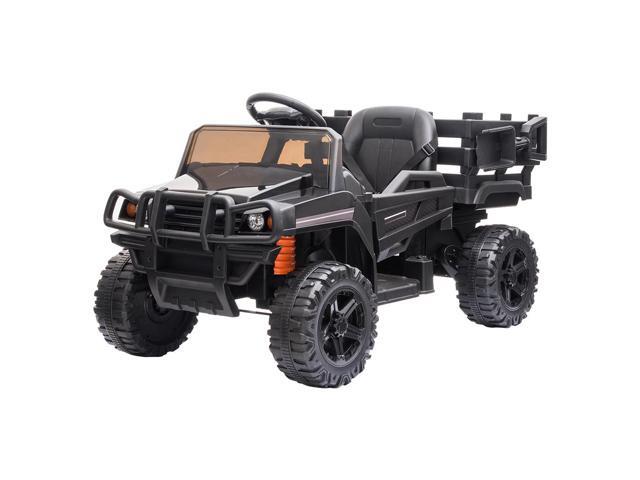 QXDRAGON 12V Kids Ride on Truck Car, Battery Powered 4 Wheels Ride On Off-Road Vehicle Toys, Large Trailer with Parent Remote Control, Seat Belt, LED Lights, 3 Speeds, MP3 Player, Black