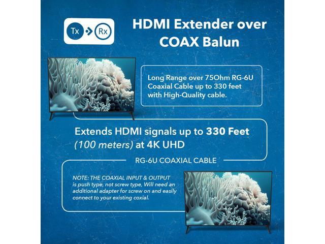 4K HDMI Over Coaxial Extender up to 330 Feet - 4K@60Hz Over 75 Ohm RG-6  Copper Coaxial Cable - Bidirectional IR Control, Audio Out (CO-UHD330-K)