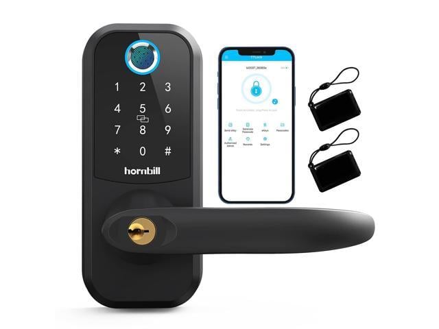 Fingerprint Smart Lock Door Handle, Hornbill 6-in-1 Keyless Entry Keypad Digital Door Lock, Smart Locks for Front Door, Smart Lock Deadbolt with Lever, Reversible Handle Passcodes Free App IC Cards