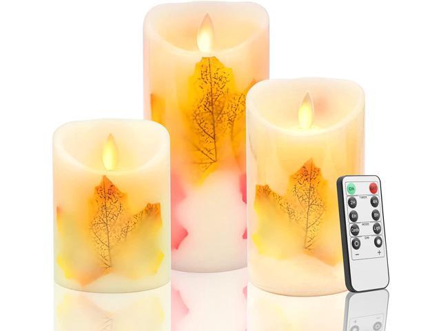 Goldprice LED Candle Lights Flameless Candles Light Warm White Real Wax Battery Operated Electric LED Moving Wick Flickering Maple Leaf Candle Lights with Remote Timer for Decoration Wedding