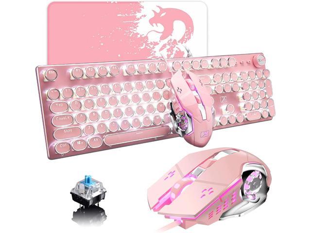 Zhhcyyds X9 Typewriter Keyboard and Mouse,Retro Vintage Mechanical Gaming Keyboard with White LED Backlit,104 Keys Anti-Ghosting Blue Switch Wired Cute Keyboard,Round Keycaps for Desktop PC/Laptop Mac