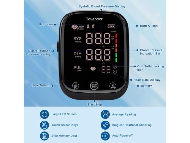 Wrist Blood Pressure Monitor, Tovendor Automatic BP Monitor with Heart Rate  Detection, Large LCD Screen, 2 x 90 Memory, Home and Travel Use Health