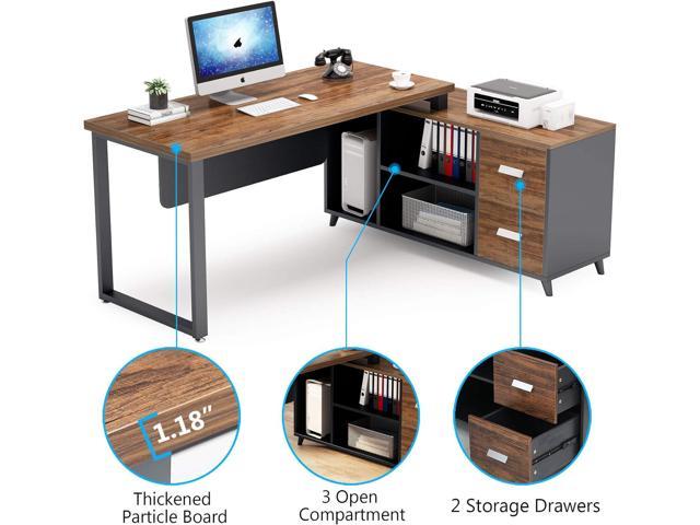 TribeSigns L Shaped Desk with 2 Drawers, 55 Inch Executive Office Desk with Cabinet Storage Shelves, Brown