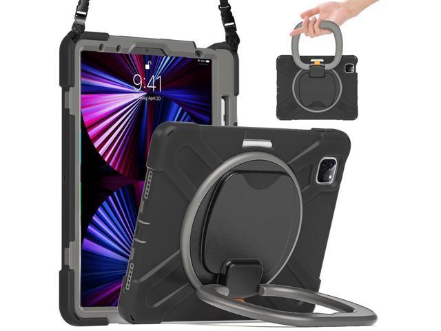 Case for iPad Pro 11 inch 2022 2021 2020 2018/ iPad Air 4 / Air 5 10.9 Inch, 360° Rotating Kickstand Shockproof Cover with Built-in Stand & Shoulder Strap & Pencil Holder Gray