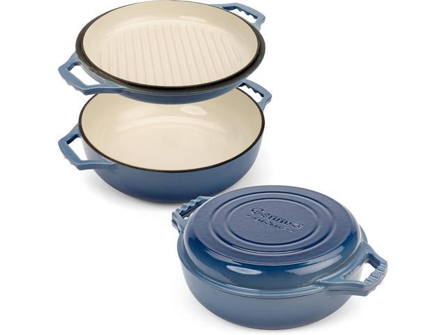 2-in-1 Enameled Cast Iron Braiser Pan with Grill Lid - 3.3-Quart Small Dutch Oven, Serves as Both Casserole & Stovetop Grill Pan... 