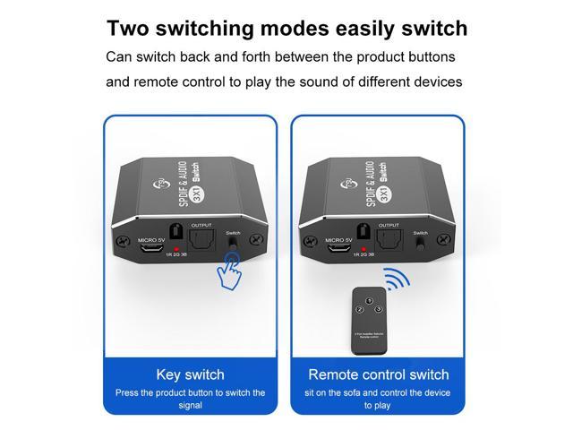 AUBEAMTO 3 Port Digital SPDIF Optical Audio Switcher Splitter with Remote  Control, 3 in 1 out Spdif Toslink Optical Digital Audio Switch Splitter 3x1 