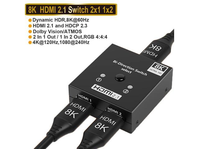 8K HDMI Switch, HDMI Switcher 1 in 2 Out or 2 in 1 Out, HDMI 2.1 Switch  Support 8K@60hz and 4K@120hz, Compatible with Xbox X, PS5, Blu-Ray Player,  8K