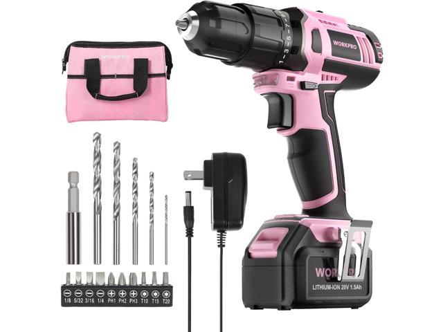 WORKPRO Pink Cordless 20V Lithium-ion Drill Driver Set, 1 Battery, Charger  and Storage Bag Included - Pink Ribbon 