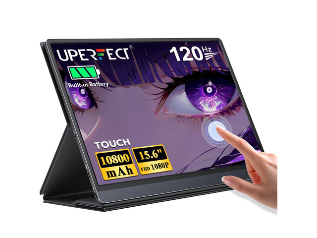 UPERFECT 15.6" Portable Monitor 120Hz Touchscreen | 1080P IPS HDR | 10800mAh Battery, Reverse Charging | Quad Speakers, Smart Case | Single Cable Connectivity for Work & Gaming